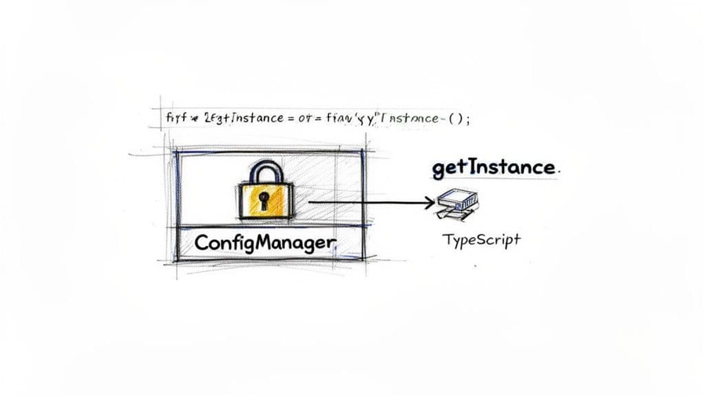 Diagram showing ConfigManager with a padlock, demonstrating the Singleton design pattern using getInstance in TypeScript.