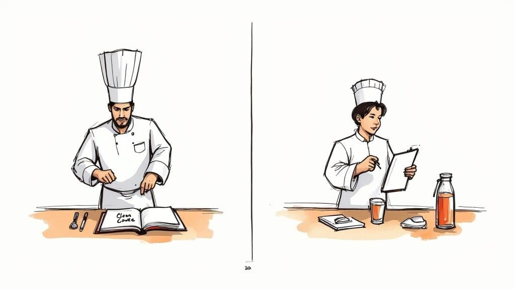 Illustrated chefs, one focused on a 'Clean Code' book, the other diligently taking notes by ingredients.