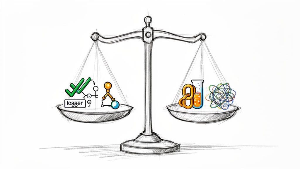 A balance scale comparing structured, observable design patterns with complex, tangled, and experimental code.