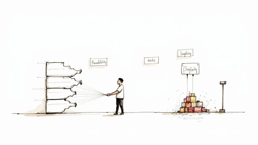 A programmer reviewing code on a monitor with lines of code overlayed, symbolizing the concept of clean code.