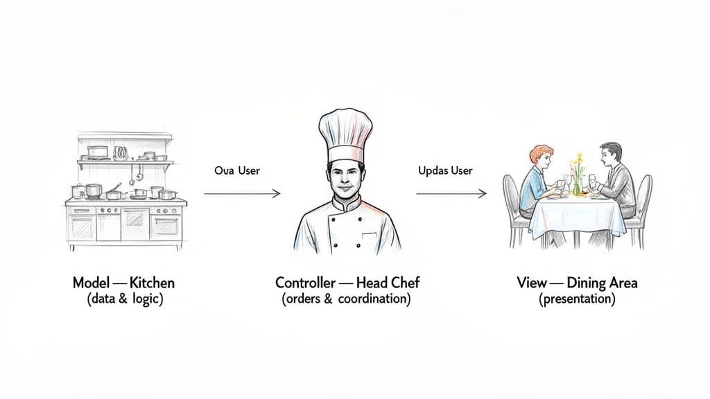A diagram illustrates the MVC pattern using a restaurant analogy: Kitchen (Model), Head Chef (Controller), and Dining Area (View).
