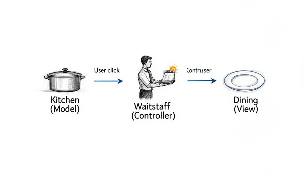Diagram illustrating MVC architecture with a restaurant analogy: Model, Controller, View roles.