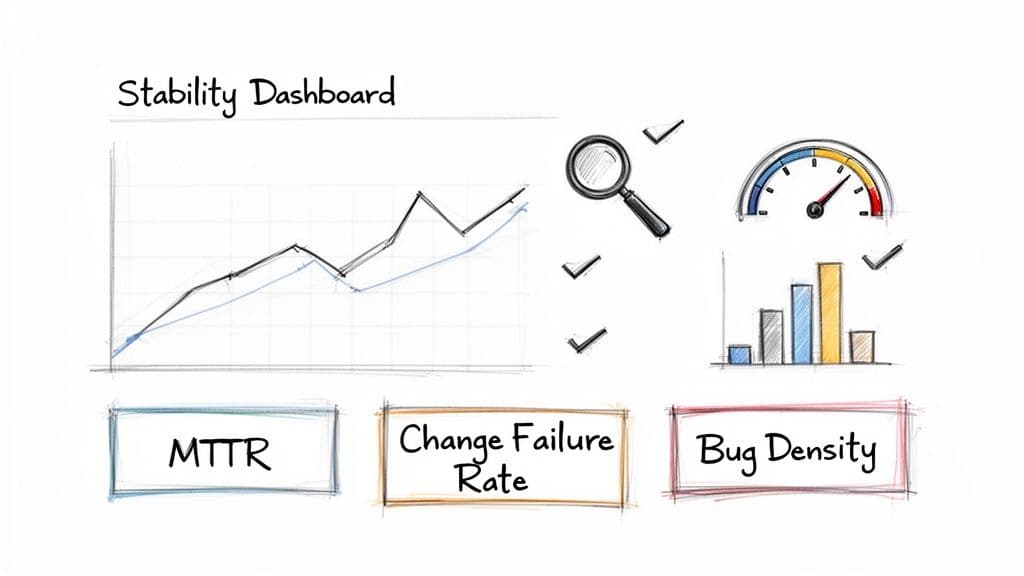 A hand-drawn stability dashboard displaying key metrics like MTTR, Change Failure Rate, and Bug Density, with graphs and a gauge.