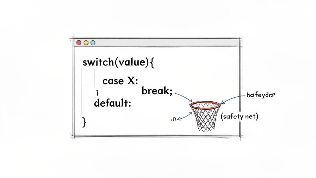 Programming code for a switch statement with a default case acting as a safety net metaphor.