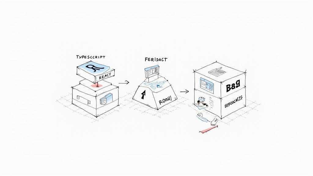 Developers collaborating using TypeScript and React on a large screen.