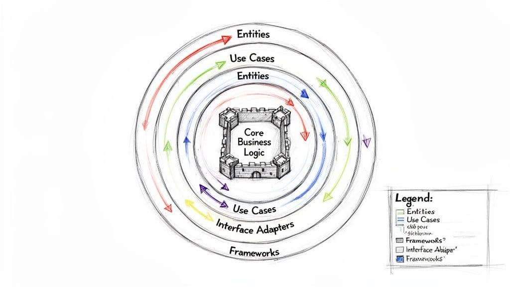A clean architecture diagram illustrating a concentric ring model for software architecture, with core business logic.