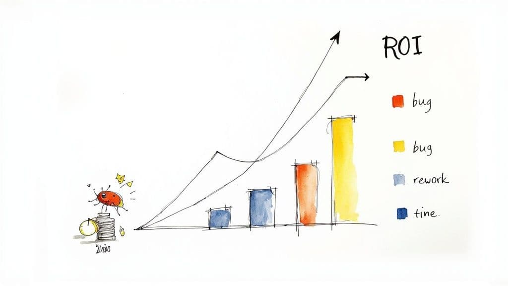 A hand-drawn chart illustrates increasing ROI with categories like bug, rework, and fine.