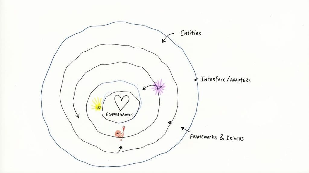Concentric circles diagram illustrating clean architecture layers from core entities to outer frameworks and adapters