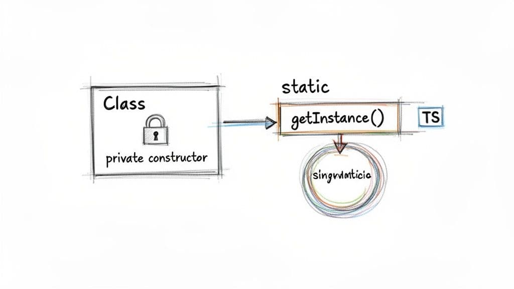 A diagram illustrating the Singleton design pattern, showing a class with a private constructor and a static getInstance() method leading to a singleton object.