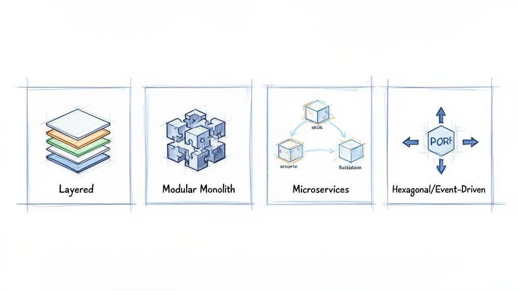 Four diagrams illustrating common software architecture patterns: Layered, Modular Monolith, Microservices, and Hexagonal/Event-Driven.
