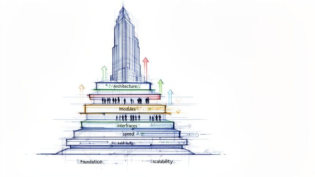 Blueprint drawing of a layered skyscraper illustrating software architecture concepts with labels like modules and foundation.