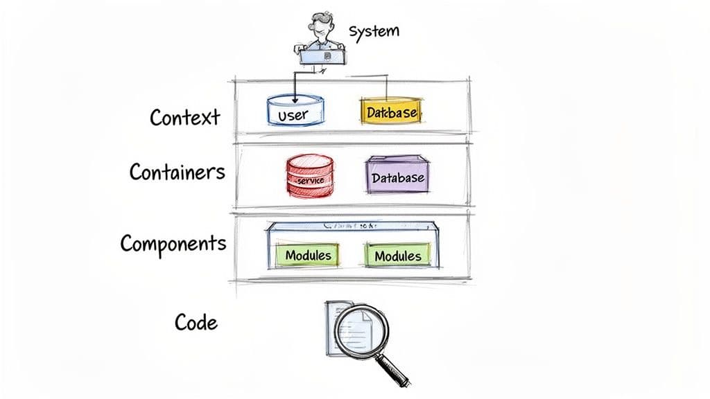 A hand-drawn diagram illustrating a layered software architecture, from system context down to code implementation.