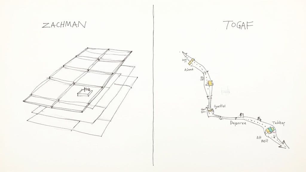 A visual comparison between the layered Zachman enterprise architecture framework and the TOGAF process flow diagram.