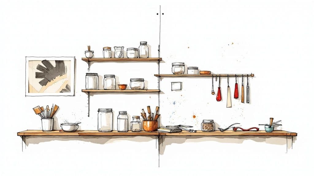 A chaotic kitchen with messy pots and pans contrasted with a clean, organized professional kitchen.