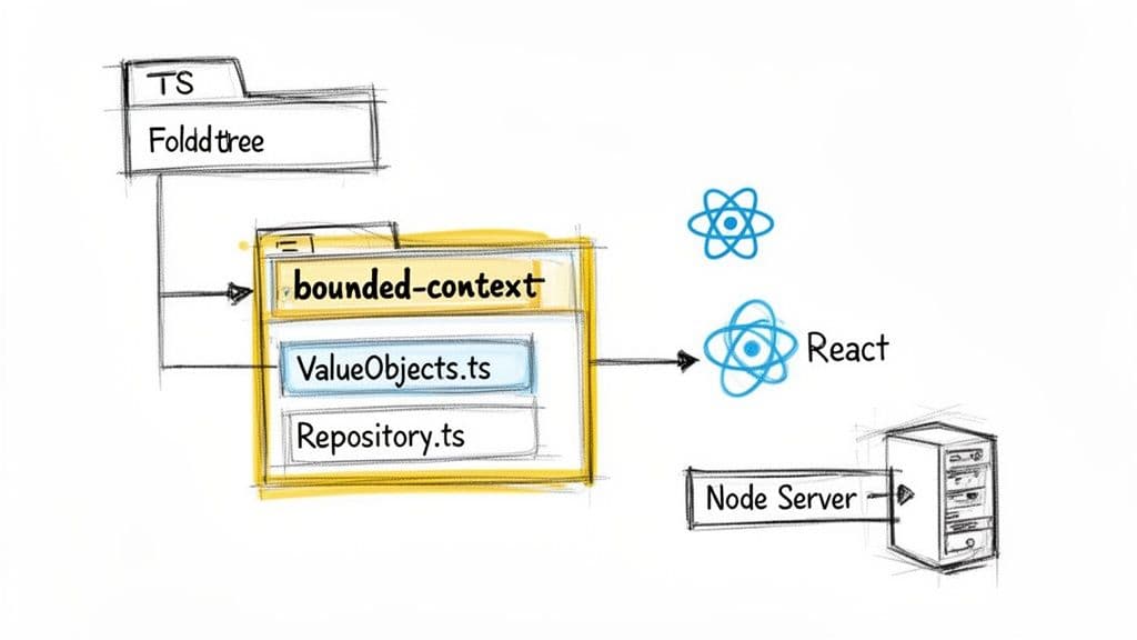 Diagram illustrating a TypeScript bounded context with ValueObjects and Repository interacting with React and a Node.js server.