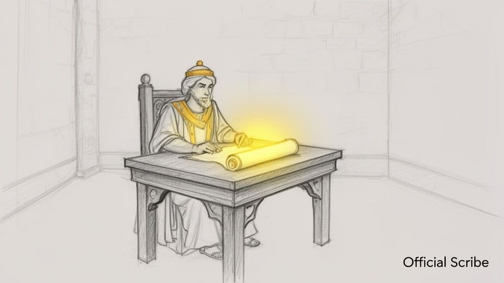 A pencil sketch of a regal scribe wearing a crown, diligently examining a glowing scroll on a table.