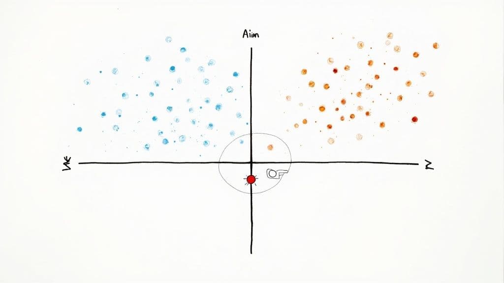 A data visualization showing blue and red clusters of points on a graph with labeled axes and a central target.
