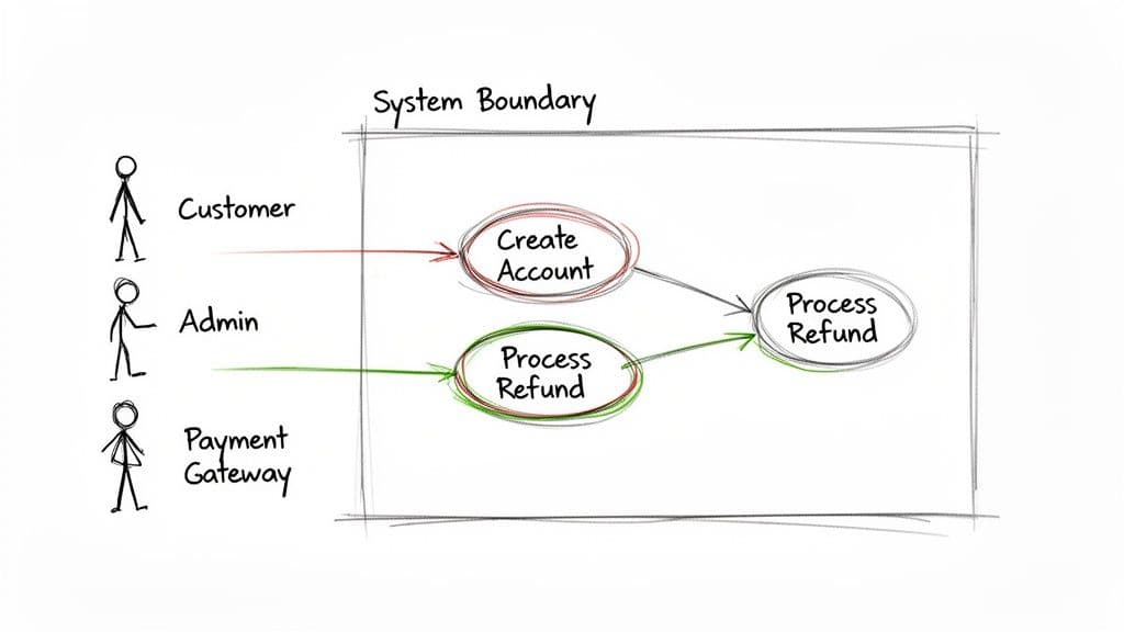 A hand-drawn UML use case diagram illustrating a system boundary, actors, and their interactions.