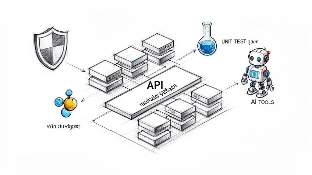 Sketch diagram illustrating an API modular surface with security, testing, AI tools, and various connected software modules.
