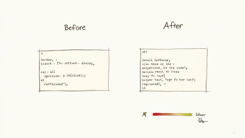 Hand-drawn comparison showing messy code before refactoring and clean organized code after refactoring