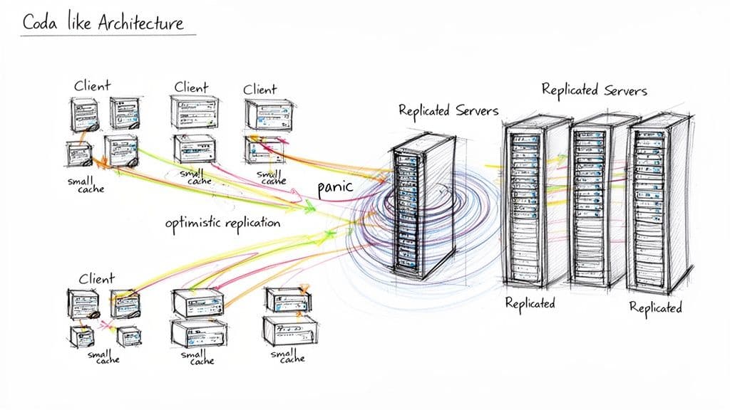 Diagram illustrating a Coda-like distributed system with clients, caches, optimistic replication, and replicated servers.