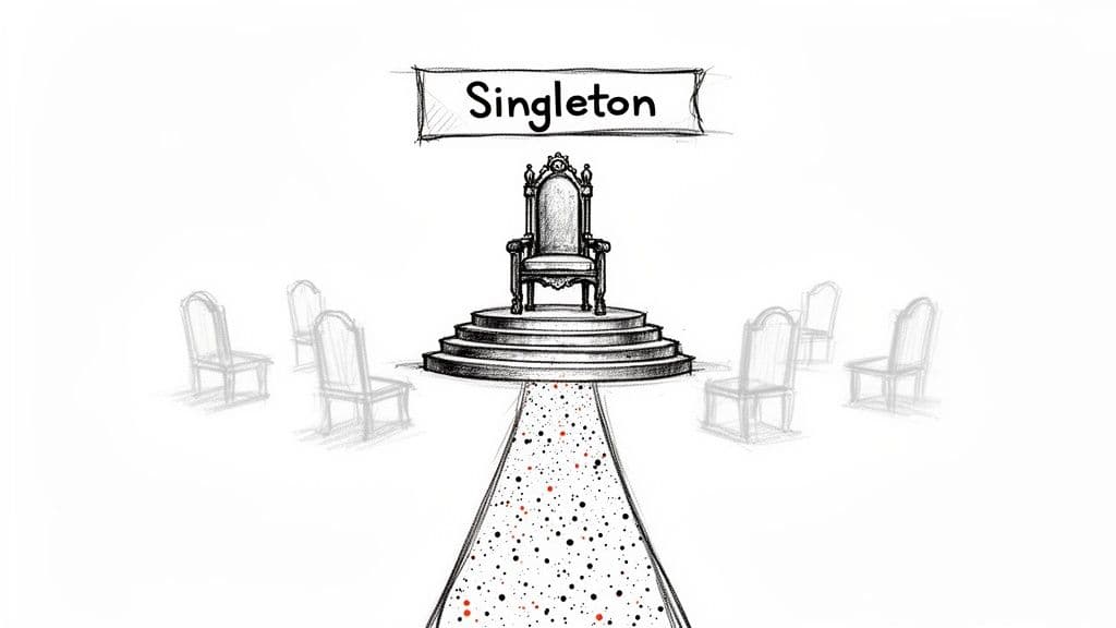 An ornate throne on a pedestal under a “Singleton” banner, surrounded by ghost-like chairs, illustrating a design pattern.