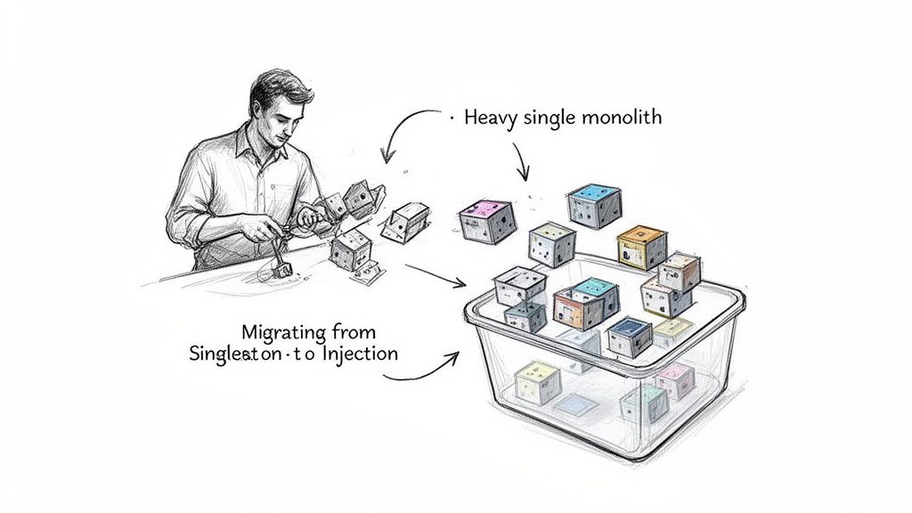 A man disassembles a complex, heavy monolith into many smaller, colorful modules for a container.
