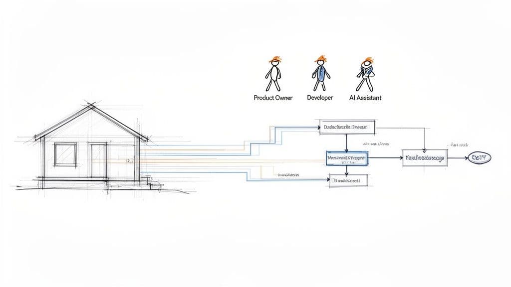Diagram illustrating a product development use case, from initial concept (house) to launch, involving human and AI roles.