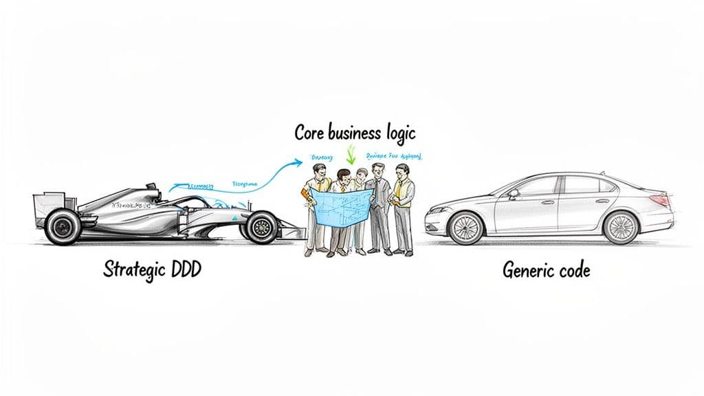 A visual metaphor contrasting Strategic DDD and core business logic represented by a race car, with generic code by a sedan.