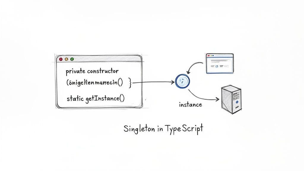 A diagram illustrating the Singleton design pattern in TypeScript with a private constructor and static getInstance.