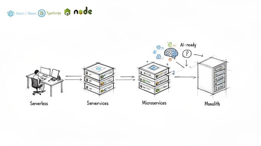 Diagram showing software architecture evolution: Serverless, Servvices, Microservices, and Monolith, with AI considerations.
