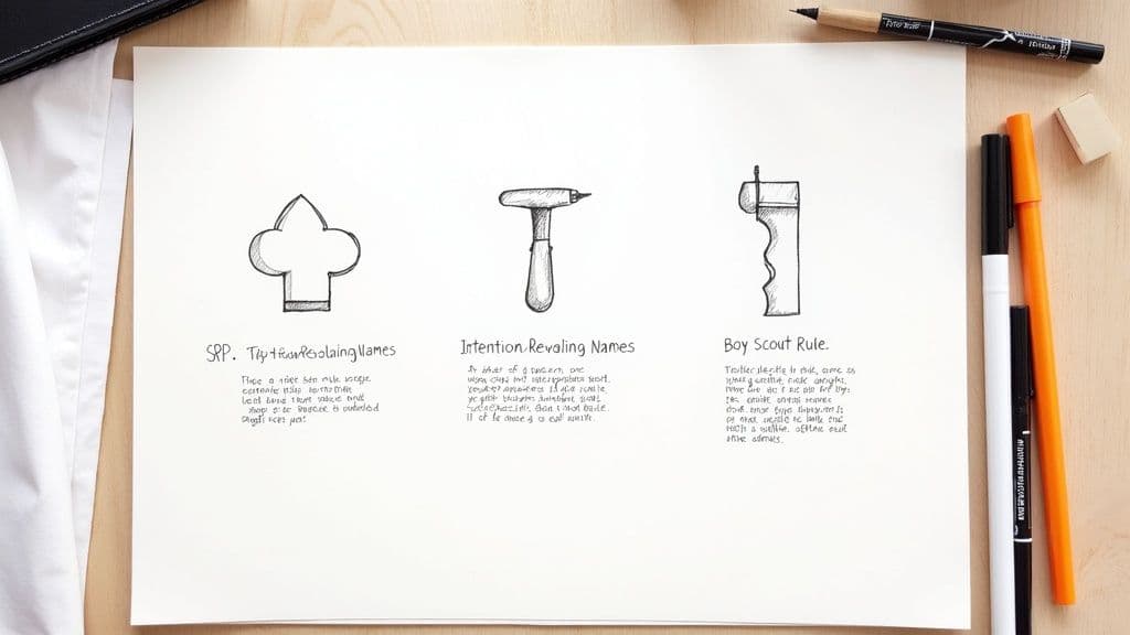 Hand-drawn illustrations and text explain clean code principles like SRP, intention-revealing names, and the Boy Scout Rule.