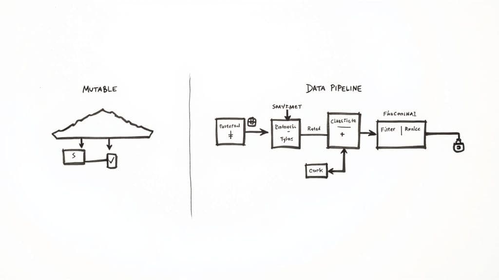 A hand-drawn diagram illustrating mutable state versus a functional data pipeline architecture.