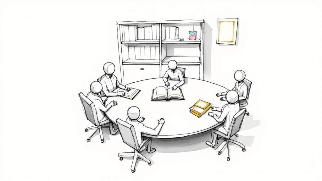 A diverse group of software engineers collaborating around a whiteboard, sketching out code architecture.