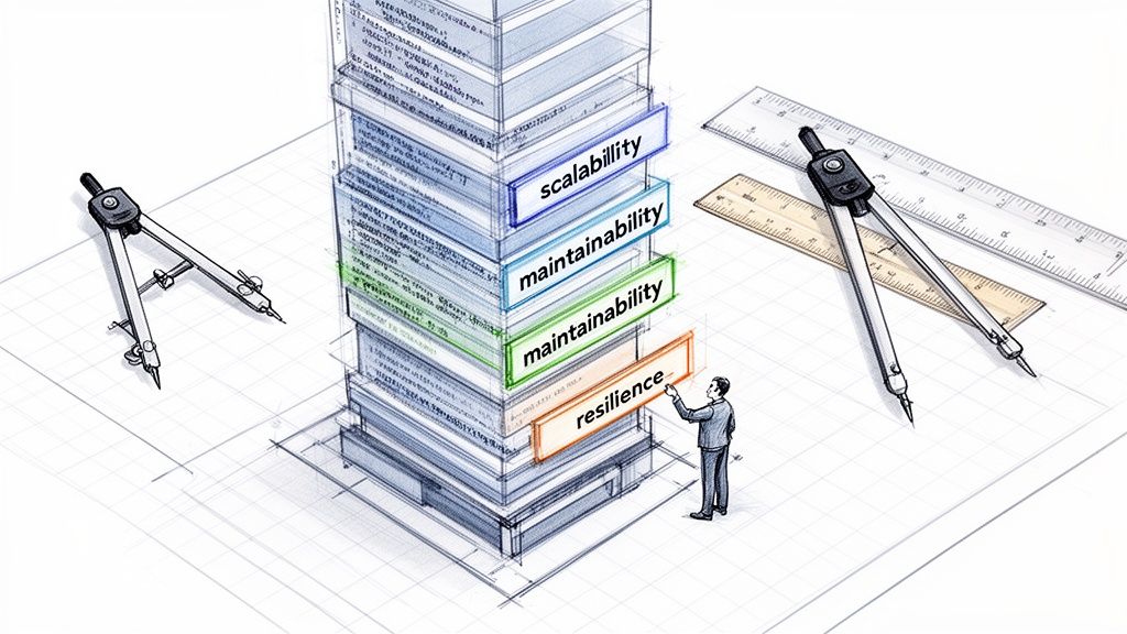 A man works on a software architecture diagram illustrating scalability, maintainability, and resilience with design tools.
