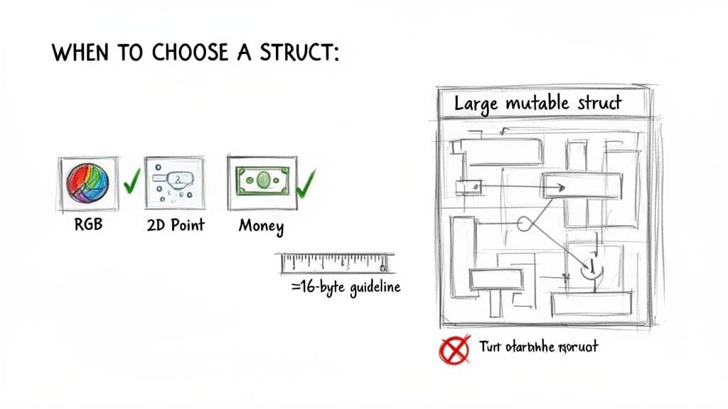 Guide on choosing structs for small, value-type data like RGB, 2D Point, and Money, with a 16-byte guideline.