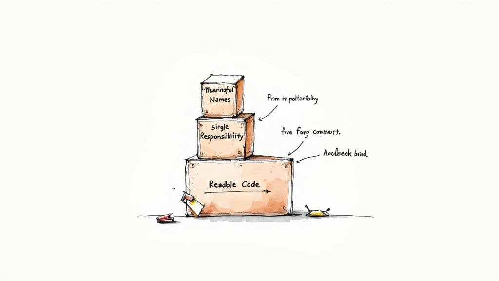 Illustration showing clean code principles: Meaningful Names, Single Responsibility, and Readable Code stacked as boxes.