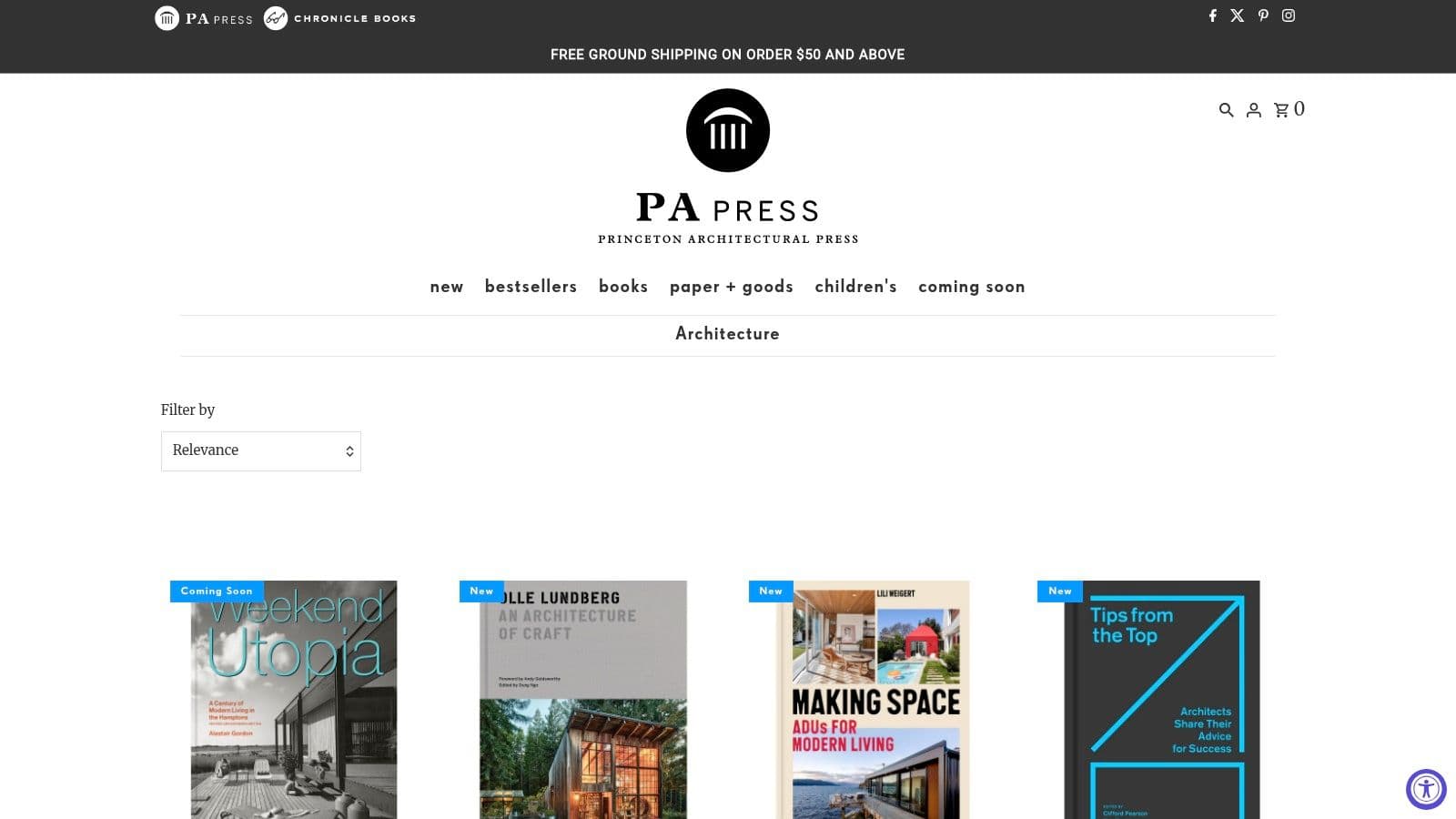 Princeton Architectural Press (PA Press) homepage showing featured architecture books.