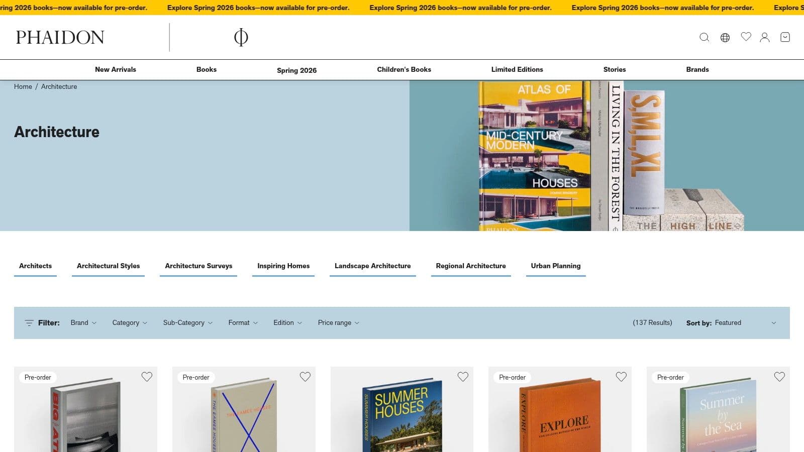 A collection of Phaidon's architecture books, showing their high-quality covers and design.