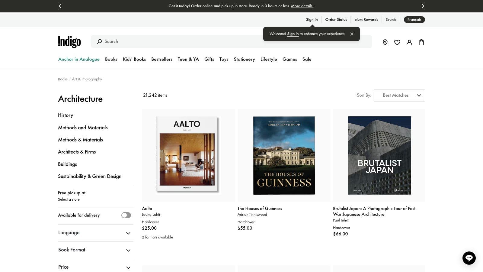 Indigo's architecture book section showing a grid of book covers.