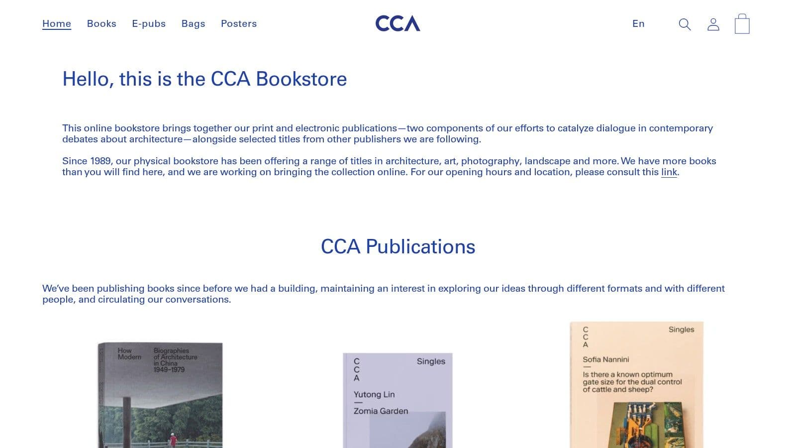 CCA Bookstore homepage showing a curated selection of books and publications.